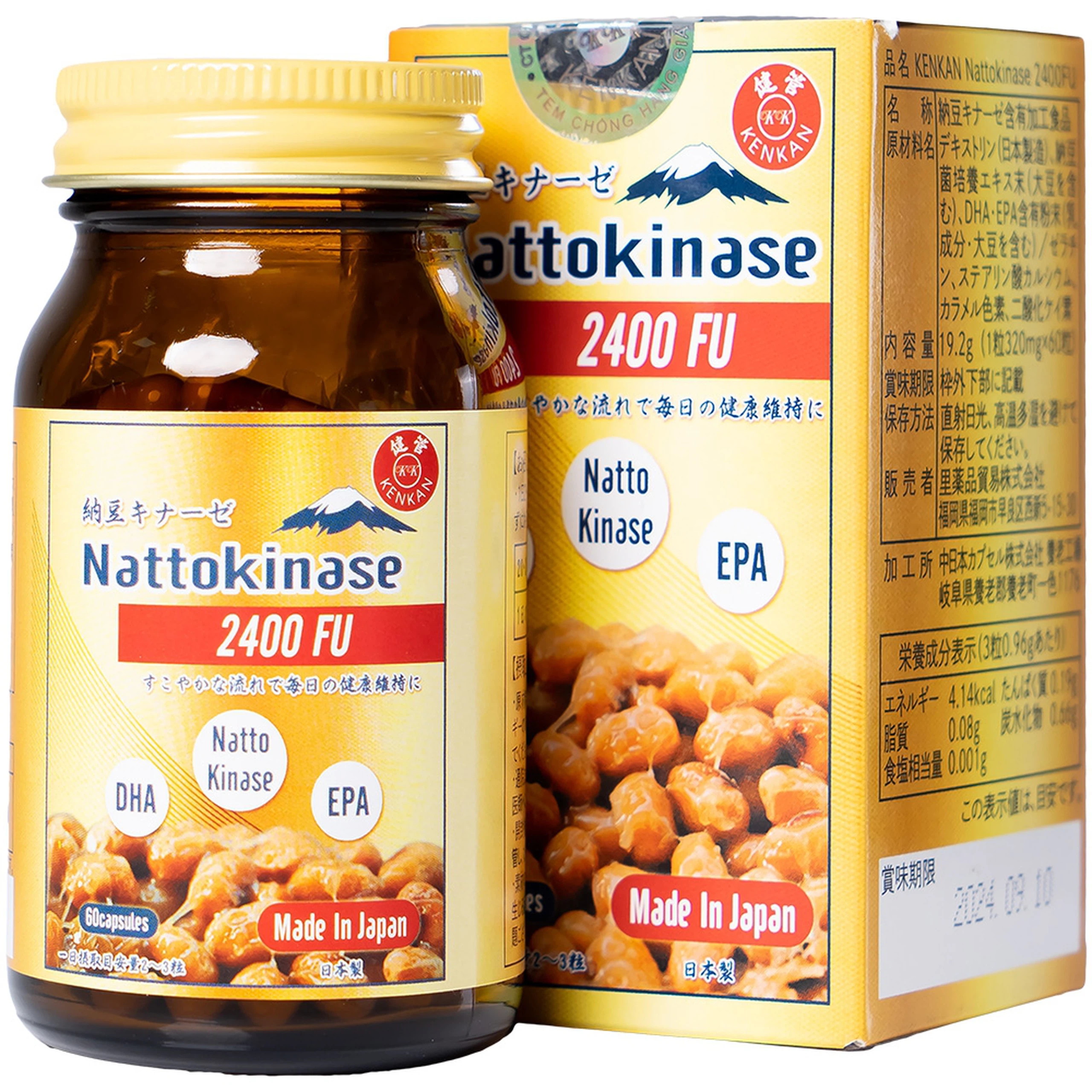 Viên uống KenKan Nattokinase 2400FU giảm nguy cơ hình thành huyết khối, tăng cường lưu thông máu (60 viên)