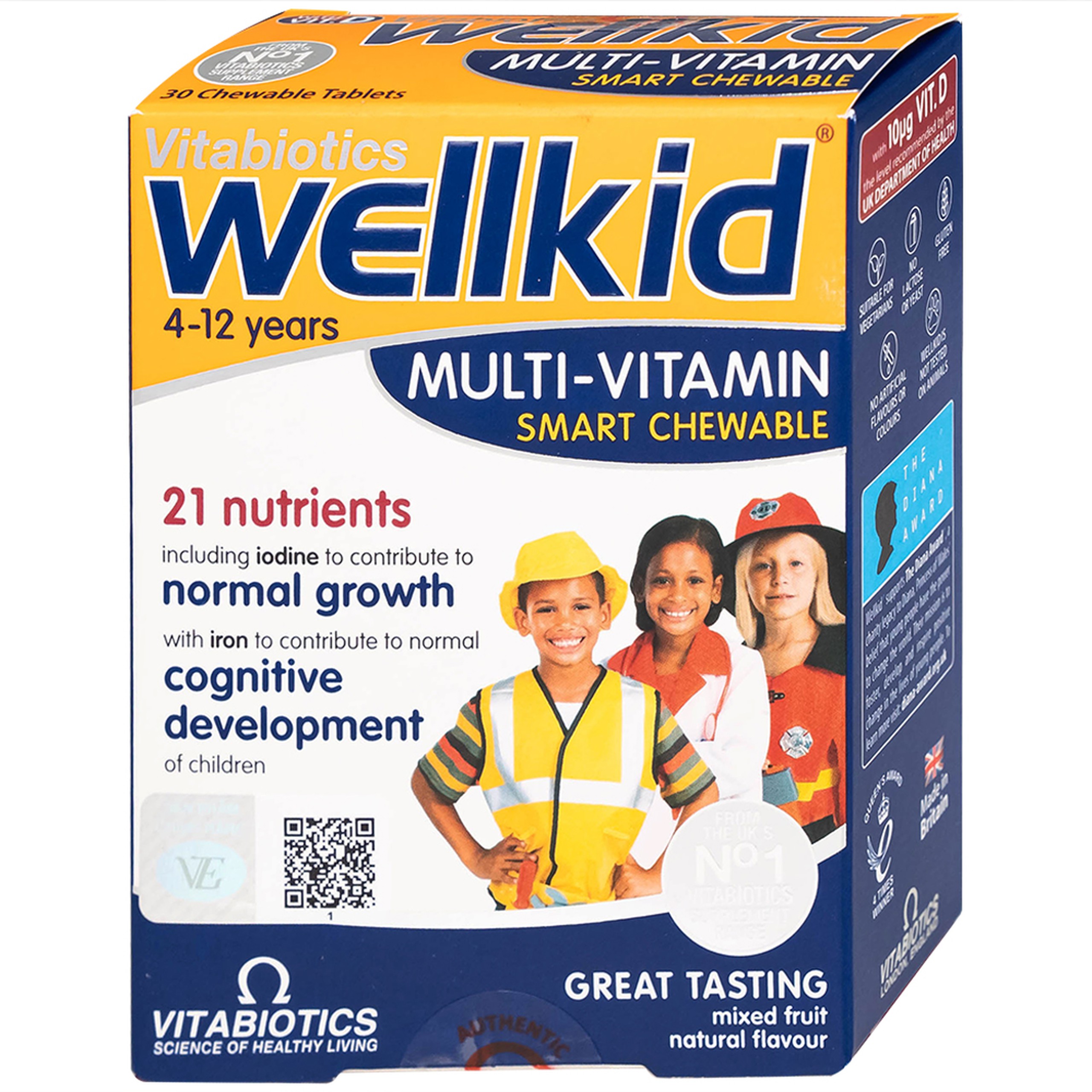 Viên nhai Wellkid multi-vitamin smart chewable 4-12 years Vitabiotics tăng cường sức khỏe (3 vỉ x 10 viên)