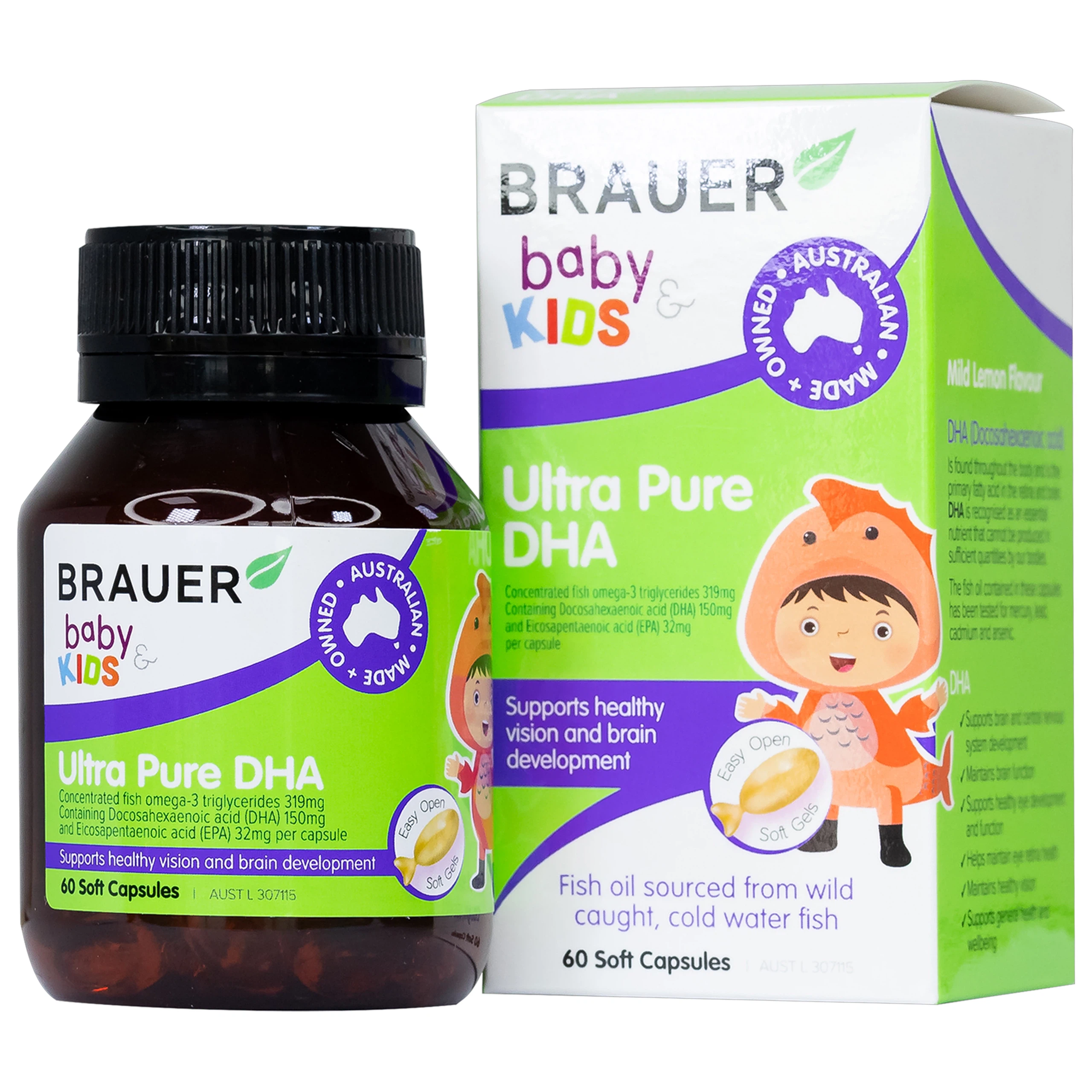 Viên uống Brauer Baby & Kids Ultra Pure DHA hỗ trợ phát triển não bộ, sức khỏe cho mắt (60 viên)